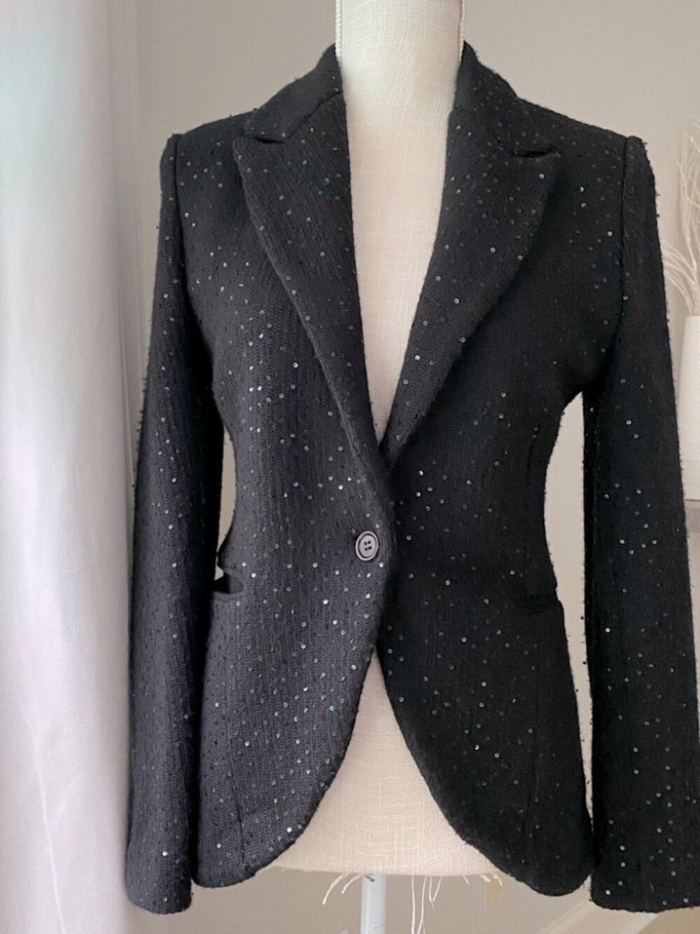 BCBGMAXAZRIA Black Sequin Wool Knit Blazer Jacket Holiday Party Evening Size S